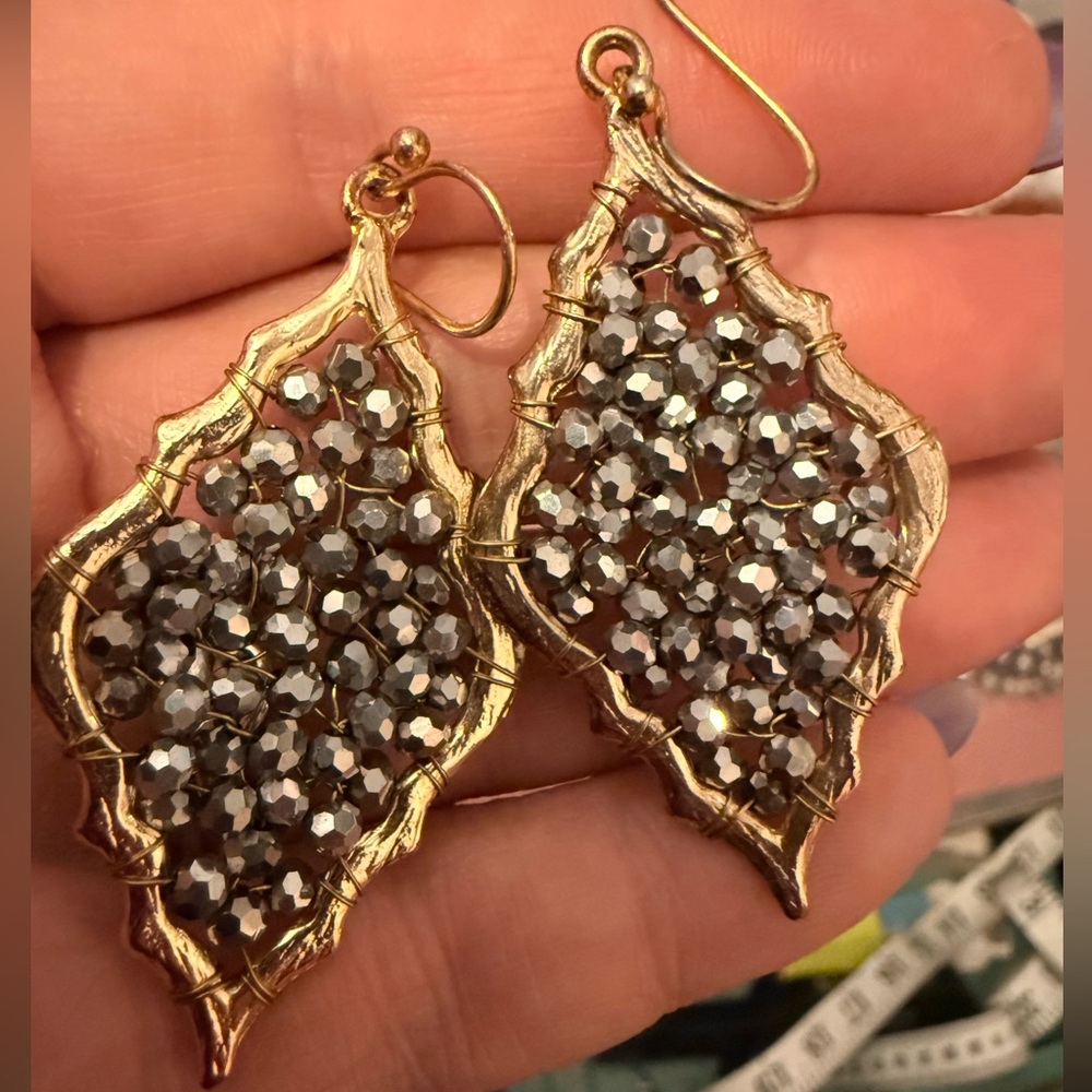 Gold Leaf Crystal Cluster Drop Earrings - Gold with Hematite Crystals